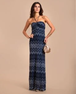 VESTIDO INÉS · AZUL MARINO -[品牌] Ventas THE-ARE vestido largo azul marino escote halter zigzag mujer the are eci img 1
