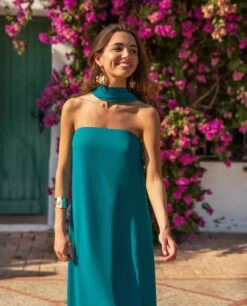 VESTIDO MRS. ARTEAGA · AZUL -[品牌] Ventas THE-ARE vestido largo azul palabra honor fular gasa abertura eventos the are1