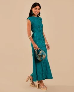 VESTIDO VALENTINA · AZUL -[品牌] Ventas THE-ARE vestido largo azul tejido jacquard sin mangas invitada elegante mujer the are eci img 2