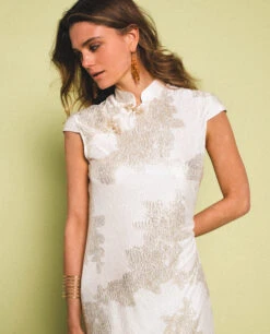 VESTIDO JADE BLOOM · BLANCO -[品牌] Ventas THE-ARE vestido largo blanco jacquard satinado largo elegante fiesta mujer the are 3