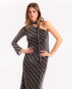 VESTIDO YOURS OR MINE · RAYAS -[品牌] Ventas THE-ARE vestido largo brillo manga larga rayas lazada lurex elegante fiesta mujer the are 3