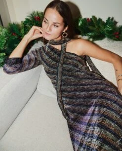 VESTIDO YOURS OR MINE · RAYAS -[品牌] Ventas THE-ARE vestido largo brillo manga larga rayas lazada lurex elegante fiesta mujer the are 6