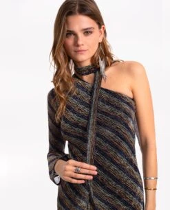 VESTIDO YOURS OR MINE · RAYAS -[品牌] Ventas THE-ARE vestido largo brillo manga larga rayas lazada lurex elegante fiesta mujer the are eci img 4