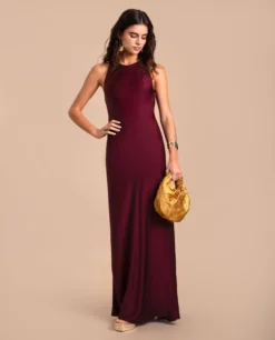 VESTIDO FEDERICA · BURDEOS -[品牌] Ventas THE-ARE vestido largo burdeos espalda descubierta satinado elegante invitada mujer the are eci img 1 scaled