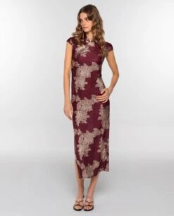 VESTIDO RUBY BLOOM · BURDEOS -[品牌] Ventas THE-ARE vestido largo burdeos jacquard satinado largo mujer the are eci img 2