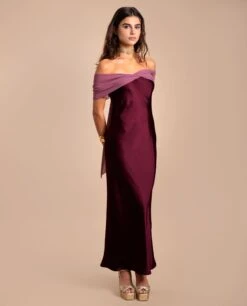 VESTIDO BÁRBARA · FRAMBUESA -[品牌] Ventas THE-ARE vestido largo burdeos satinado palabra honor invitada elegante mujer the are 7