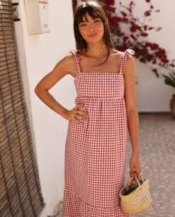 VESTIDO OLIVIA · BURDEOS -[品牌] Ventas THE-ARE vestido largo cuadros vichy burdeos tirantes mujer the are 1