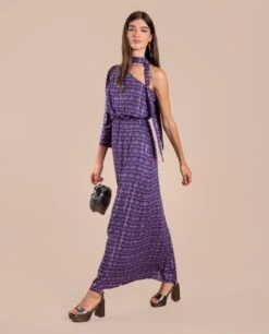 VESTIDO LÉONIE · MORADO -[品牌] Ventas THE-ARE vestido largo estampado asimetrico fular eventos mujer the are eci img 2