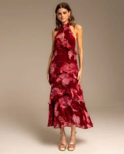 VESTIDO ROSARIO · ESTAMPADO -[品牌] Ventas THE-ARE vestido largo estampado floral cuello halter volantes eventos mujer the are eci img 1