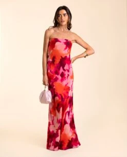 VESTIDO SANLÚCAR · ESTAMPADO -[品牌] Ventas THE-ARE vestido largo estampado naranja palabra honor vuelo eventos mujer the are eci img 1