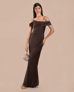 VESTIDO CÓRDOBA · MARRÓN -[品牌] Ventas THE-ARE vestido largo marron tirantes escote drapeado saten eventos mujer the are eci img 1