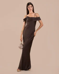VESTIDO CÓRDOBA · MARRÓN -[品牌] Ventas THE-ARE vestido largo marron tirantes escote drapeado saten eventos mujer the are eci img 1 scaled