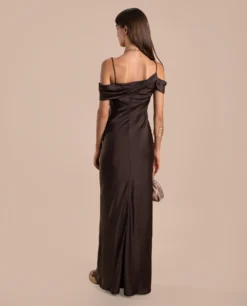 VESTIDO CÓRDOBA · MARRÓN -[品牌] Ventas THE-ARE vestido largo marron tirantes escote drapeado saten eventos mujer the are eci img 3 scaled