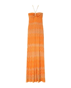 VESTIDO INÉS · NARANJA -[品牌] Ventas THE-ARE vestido largo naranja escote halter zigzag mujer the are eci img 5 scaled
