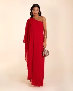 VESTIDO MRS. RIVERA · ROJO -[品牌] Ventas THE-ARE vestido largo rojo fluido capa asimetrico gasa invitada mujer the are 3