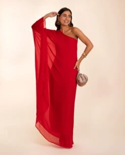 VESTIDO MRS. RIVERA · ROJO -[品牌] Ventas THE-ARE vestido largo rojo fluido capa asimetrico gasa invitada mujer the are 4