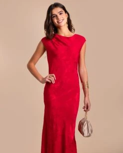 VESTIDO VALENTINA · ROJO -[品牌] Ventas THE-ARE vestido largo rojo tejido jacquard sin mangas invitada elegante mujer the are eci img 2