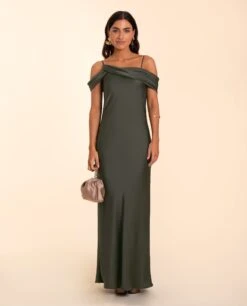 VESTIDO CÓRDOBA · VERDE -[品牌] Ventas THE-ARE vestido largo verde empolvado tirantes escote drapeado saten eventos mujer the are eci img 1