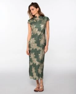 VESTIDO JADE BLOOM · VERDE -[品牌] Ventas THE-ARE vestido largo verde jacquard satinado largo elegante fiesta mujer the are 5