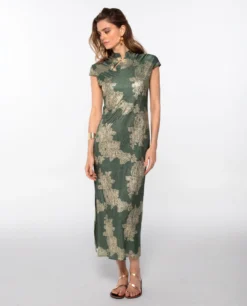 VESTIDO JADE BLOOM · VERDE -[品牌] Ventas THE-ARE vestido largo verde jacquard satinado largo elegante fiesta mujer the are 5 scaled
