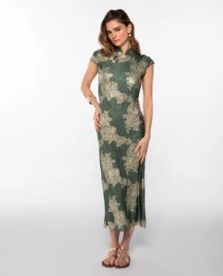 VESTIDO JADE BLOOM · VERDE -[品牌] Ventas THE-ARE vestido largo verde jacquard satinado largo elegante fiesta mujer the are eci img 1