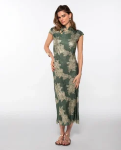 VESTIDO JADE BLOOM · VERDE -[品牌] Ventas THE-ARE vestido largo verde jacquard satinado largo elegante fiesta mujer the are eci img 1 scaled