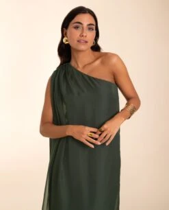 VESTIDO MRS. RIVERA · VERDE -[品牌] Ventas THE-ARE vestido largo verde militar fluido capa gasa asimetrico mujer the are 3