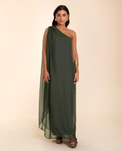 VESTIDO MRS. RIVERA · VERDE -[品牌] Ventas THE-ARE vestido largo verde militar fluido capa gasa asimetrico mujer the are eci img 2