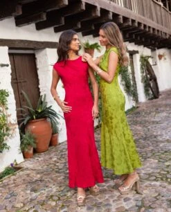 VESTIDO VALENTINA · VERDE -[品牌] Ventas THE-ARE vestido largo verde tejido jacquard sin mangas invitada elegante mujer the are 2