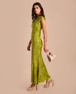 VESTIDO VALENTINA · VERDE -[品牌] Ventas THE-ARE vestido largo verde tejido jacquard sin mangas invitada elegante mujer the are eci img 2 scaled