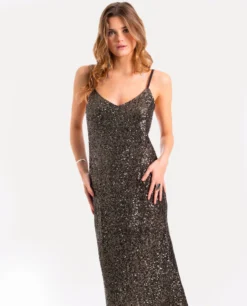 VESTIDO LAST TOUCH UP · PLOMO -[品牌] Ventas THE-ARE vestido lentejuelas lencero tirantes espalda descubierta escote pico mujer the are img 1 scaled