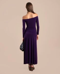 VESTIDO SOPHIE · MORADO -[品牌] Ventas THE-ARE vestido midi ajustado morado manga larga eventos mujer the are eci img 3