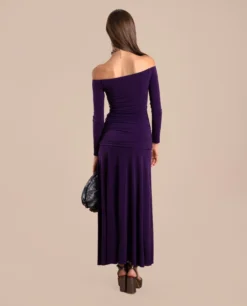 VESTIDO SOPHIE · MORADO -[品牌] Ventas THE-ARE vestido midi ajustado morado manga larga eventos mujer the are eci img 3 scaled