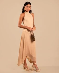 VESTIDO ONA · BEIGE -[品牌] Ventas THE-ARE vestido midi asimetrico beige cuello halter invitada mujer the are 7