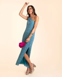 VESTIDO HUELVA · AZUL -[品牌] Ventas THE-ARE vestido midi azul asimetrico lurex abertura lateral eventos mujer the are