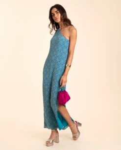 VESTIDO HUELVA · AZUL -[品牌] Ventas THE-ARE vestido midi azul asimetrico lurex abertura lateral eventos mujer the are eci img 2