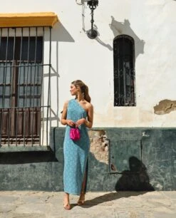 VESTIDO HUELVA · AZUL -[品牌] Ventas THE-ARE vestido midi azul asimetrico lurex abertura lateral eventos mujer the are1