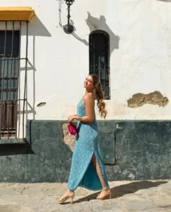 VESTIDO HUELVA · AZUL -[品牌] Ventas THE-ARE vestido midi azul asimetrico lurex abertura lateral eventos mujer the are2