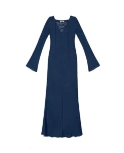 VESTIDO VERMUT VIBES · AZUL -[品牌] Ventas THE-ARE vestido midi azul denim fluido escote pico cordones ajustables mangas largas acampanadas mujer the are eci img 5 a