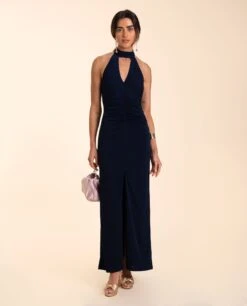 VESTIDO OLIVARES · AZUL MARINO -[品牌] Ventas THE-ARE vestido midi azul marino halter drapeado abertura elegante mujer the are eci img 2