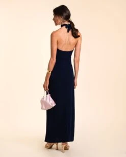 VESTIDO OLIVARES · AZUL MARINO -[品牌] Ventas THE-ARE vestido midi azul marino halter drapeado abertura elegante mujer the are eci img 3
