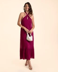 VESTIDO MARBELLA · CIRUELA -[品牌] Ventas THE-ARE vestido midi ciruela halter plumeti volante espalda descubierta elegante eventos mujer the are eci img 1