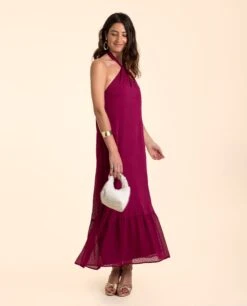 VESTIDO MARBELLA · CIRUELA -[品牌] Ventas THE-ARE vestido midi ciruela halter plumeti volante espalda descubierta elegante eventos mujer the are eci img 2