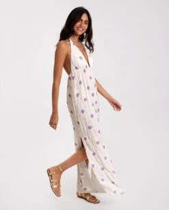 VESTIDO CADAQUÉS · CRUDO -[品牌] Ventas THE-ARE vestido midi crudo halter espalda abierta estampado soles lilas mujer the are eci img 2