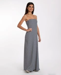 VESTIDO GOOD FEELINGS · AZUL -[品牌] Ventas THE-ARE vestido midi estampado rayas azules marino palabra honor mujer the are 1