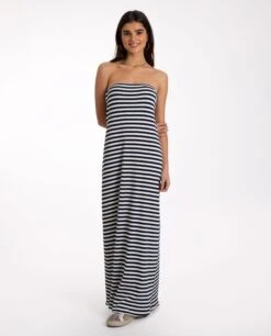 VESTIDO GOOD FEELINGS · AZUL -[品牌] Ventas THE-ARE vestido midi estampado rayas azules marino palabra honor mujer the are 2