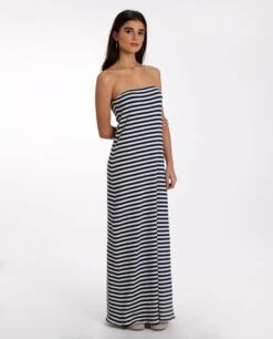 VESTIDO GOOD FEELINGS · AZUL -[品牌] Ventas THE-ARE vestido midi estampado rayas azules marino palabra honor mujer the are eci img 2