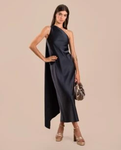 VESTIDO MRS. ABRIL · GRIS -[品牌] Ventas THE-ARE vestido midi gris asimetrico lazada cuello eventos mujer the are
