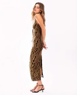 VESTIDO BE MY GUEST · NEGRO Y DORADO -[品牌] Ventas THE-ARE vestido midi jacquard punto lurex dorado palabra honor mujer the are