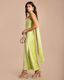 VESTIDO MRS. ABRIL · VERDE LIMA -[品牌] Ventas THE-ARE vestido midi lima asimetrico lazada cuello elegante mujer the are eci img 2 scaled